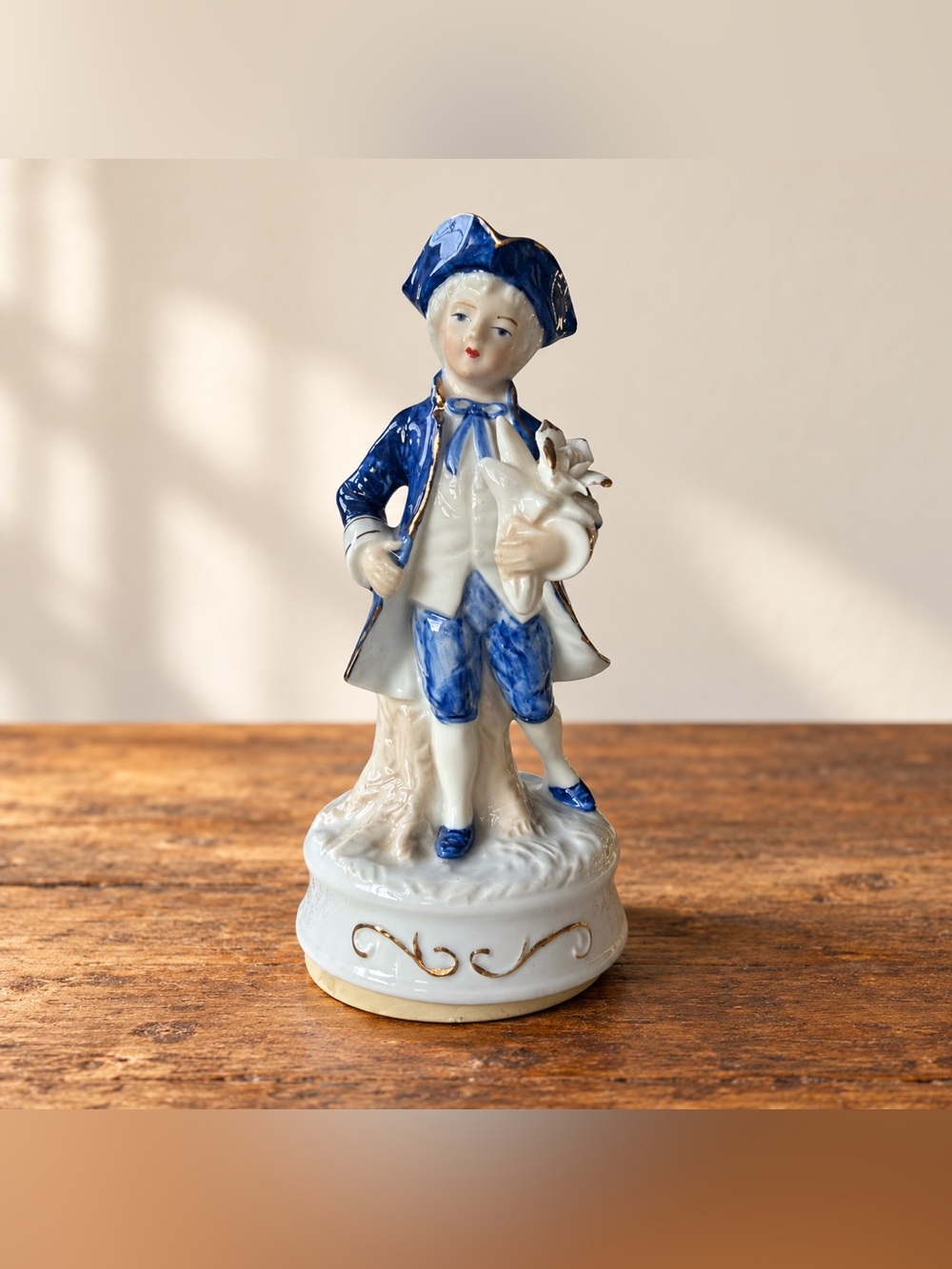 Blue and White Musical Boy Figurine That Spins, Approx 8”